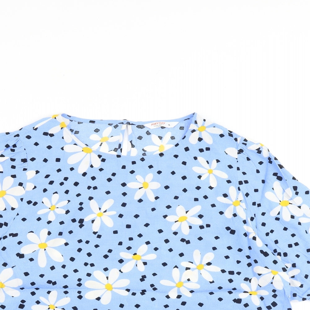 John Lewis Womens Blue Floral Viscose Basic Blouse Size 16 Round Neck
