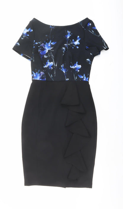 Paperdolls Womens Black Floral Polyester Shift Size 8 Boat Neck Zip
