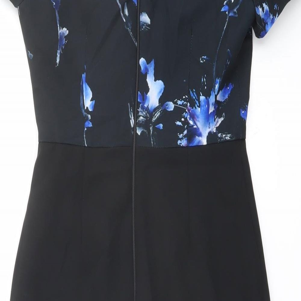 Paperdolls Womens Black Floral Polyester Shift Size 8 Boat Neck Zip