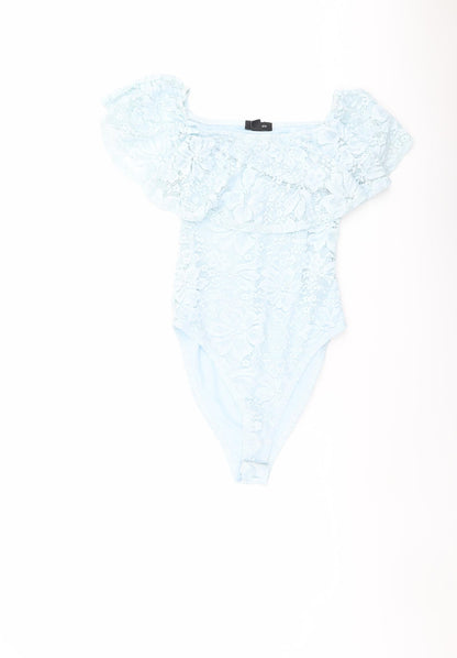 New Look Womens Blue Floral Nylon Bodysuit One-Piece Size 10 Snap