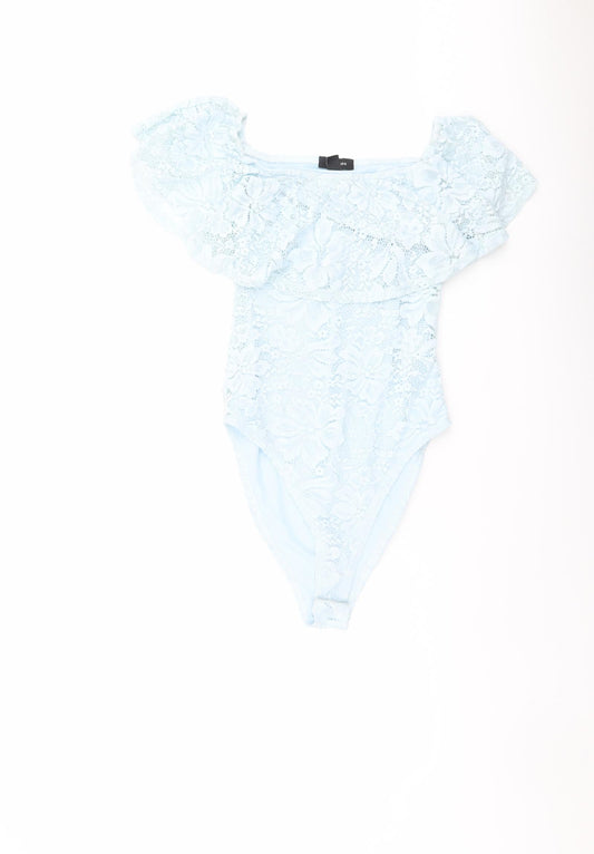 New Look Womens Blue Floral Nylon Bodysuit One-Piece Size 10 Snap