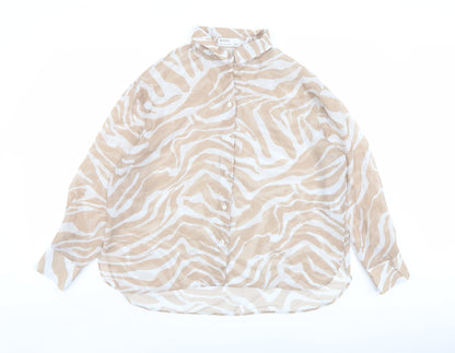 Bershka Womens Beige Animal Print Polyester Basic Button-Up Size M Collared - Tiger Print