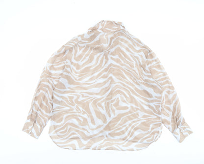 Bershka Womens Beige Animal Print Polyester Basic Button-Up Size M Collared - Tiger Print