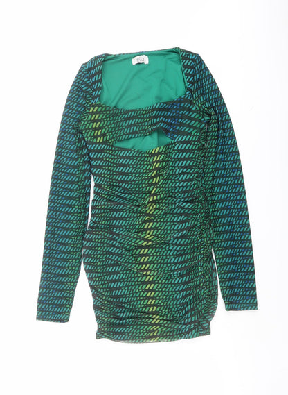 Oh Polly Womens Green Geometric Polyester Bodycon Size 8 Square Neck Pullover