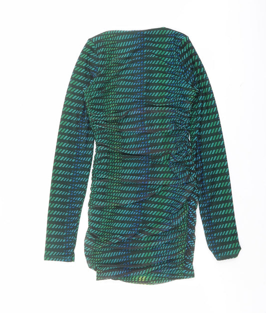 Oh Polly Womens Green Geometric Polyester Bodycon Size 8 Square Neck Pullover