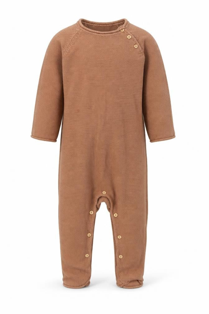 Front view of H&M boys’ brown cotton babygrow one-piece, size 24, months button