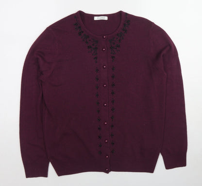 Classic Womens Purple Round Neck Acrylic Cardigan Jumper Size 12