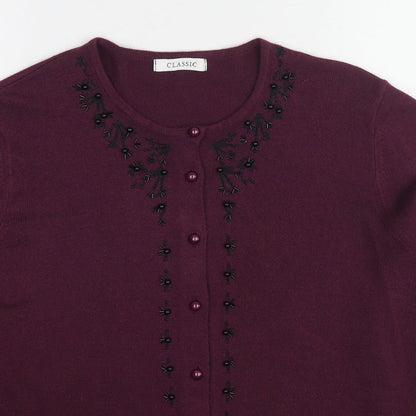 Classic Womens Purple Round Neck Acrylic Cardigan Jumper Size 12