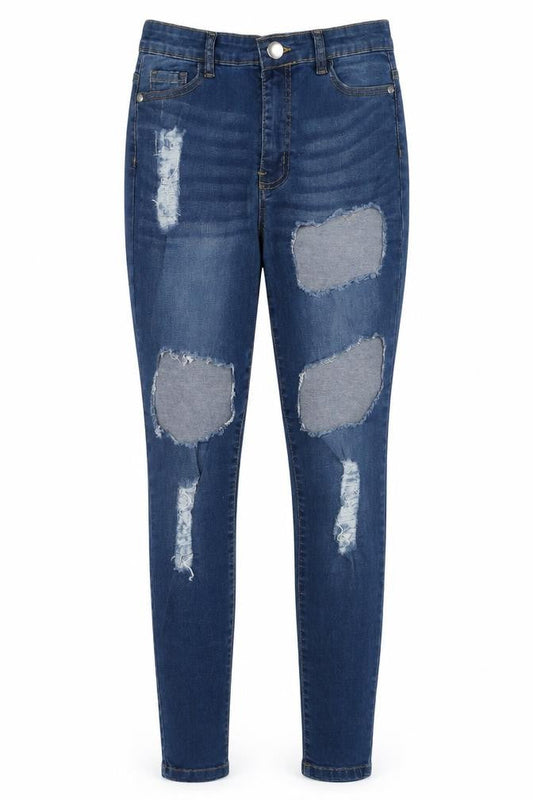 Front view of I SAW IT FIRST women’s blue cotton skinny jeans, size UK 6, 26-inch leg regular zip