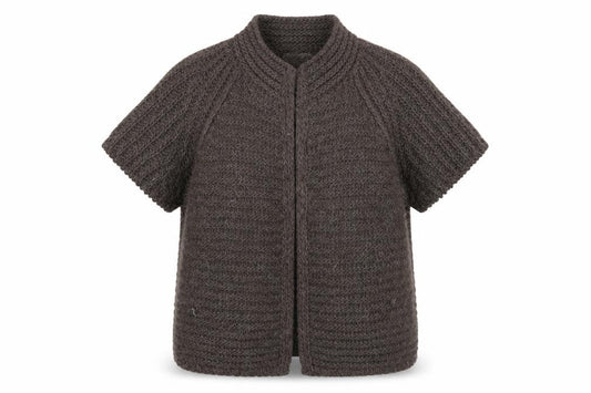 Front view of Oui women’s brown round neck acrylic cardigan jumper, size UK 14