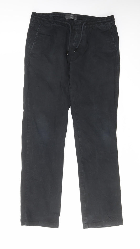 Marks and Spencer Mens Black Cotton Straight Jeans Size 32 in L31 in Regular Drawstring