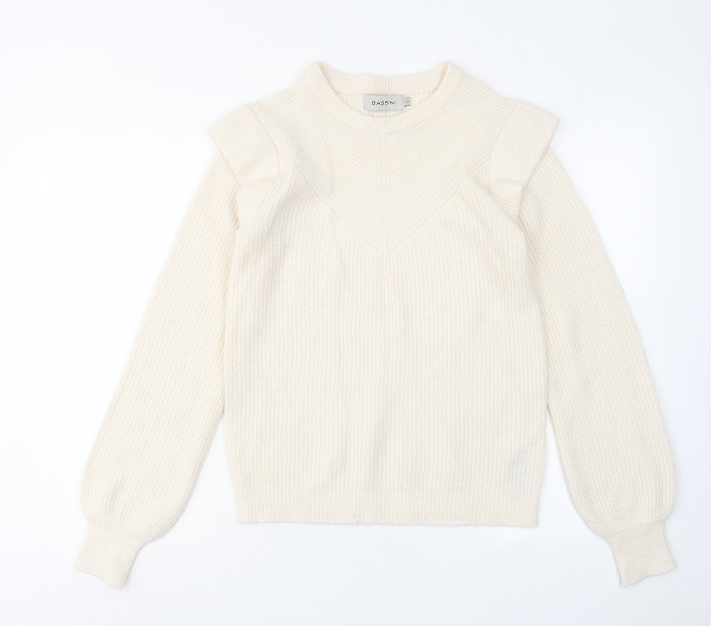 BASSINI Womens Ivory Round Neck Acrylic Pullover Jumper Size S