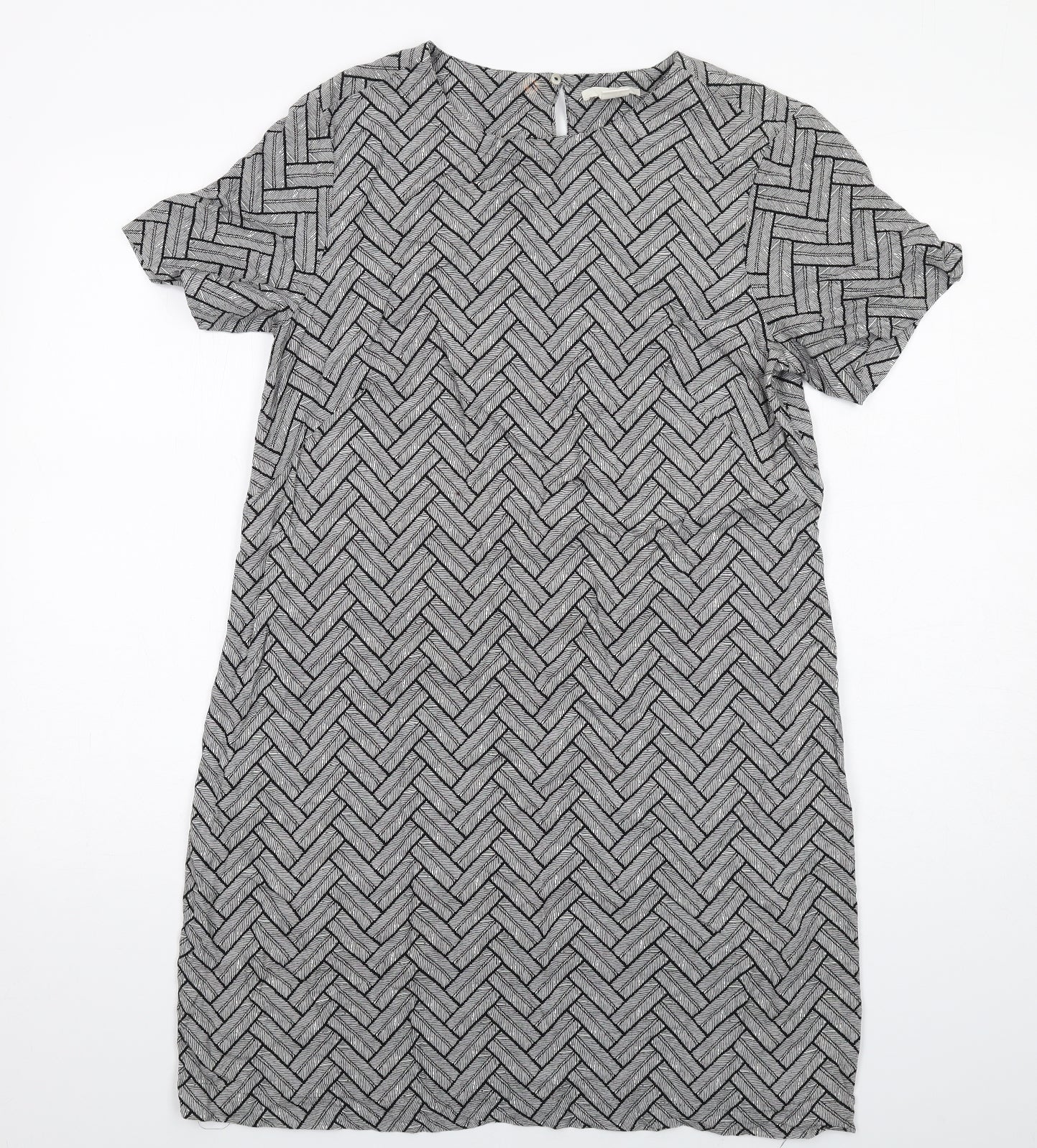 H&M Womens Grey Geometric Viscose Shift Size 12 Round Neck Button