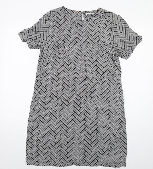 H&M Womens Grey Geometric Viscose Shift Size 12 Round Neck Button