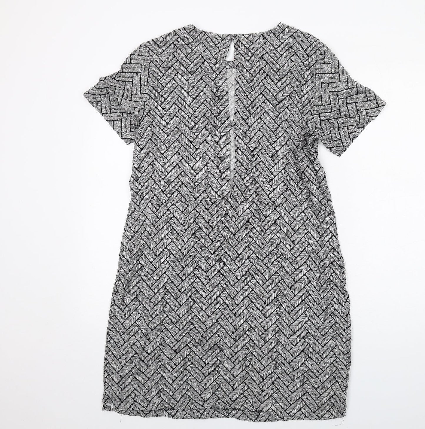 H&M Womens Grey Geometric Viscose Shift Size 12 Round Neck Button