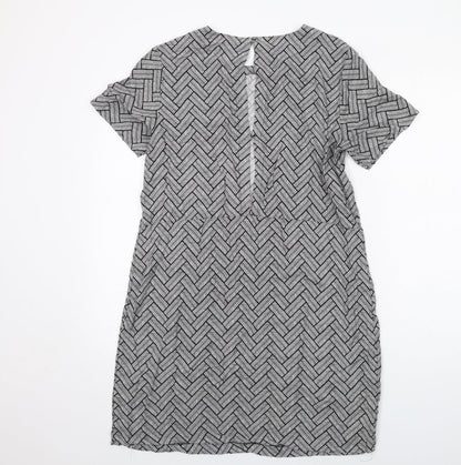 H&M Womens Grey Geometric Viscose Shift Size 12 Round Neck Button