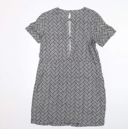 H&M Womens Grey Geometric Viscose Shift Size 12 Round Neck Button