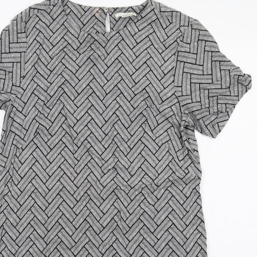 H&M Womens Grey Geometric Viscose Shift Size 12 Round Neck Button