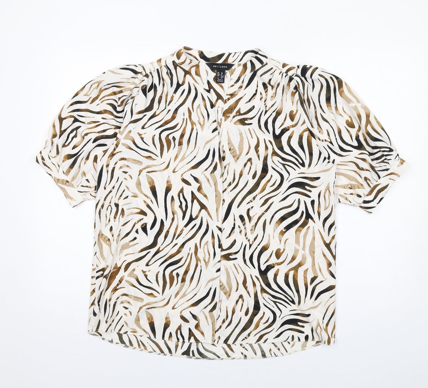 New Look Womens Ivory Animal Print Polyester Basic Button-Up Size 12 V-Neck