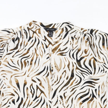 New Look Womens Ivory Animal Print Polyester Basic Button-Up Size 12 V-Neck