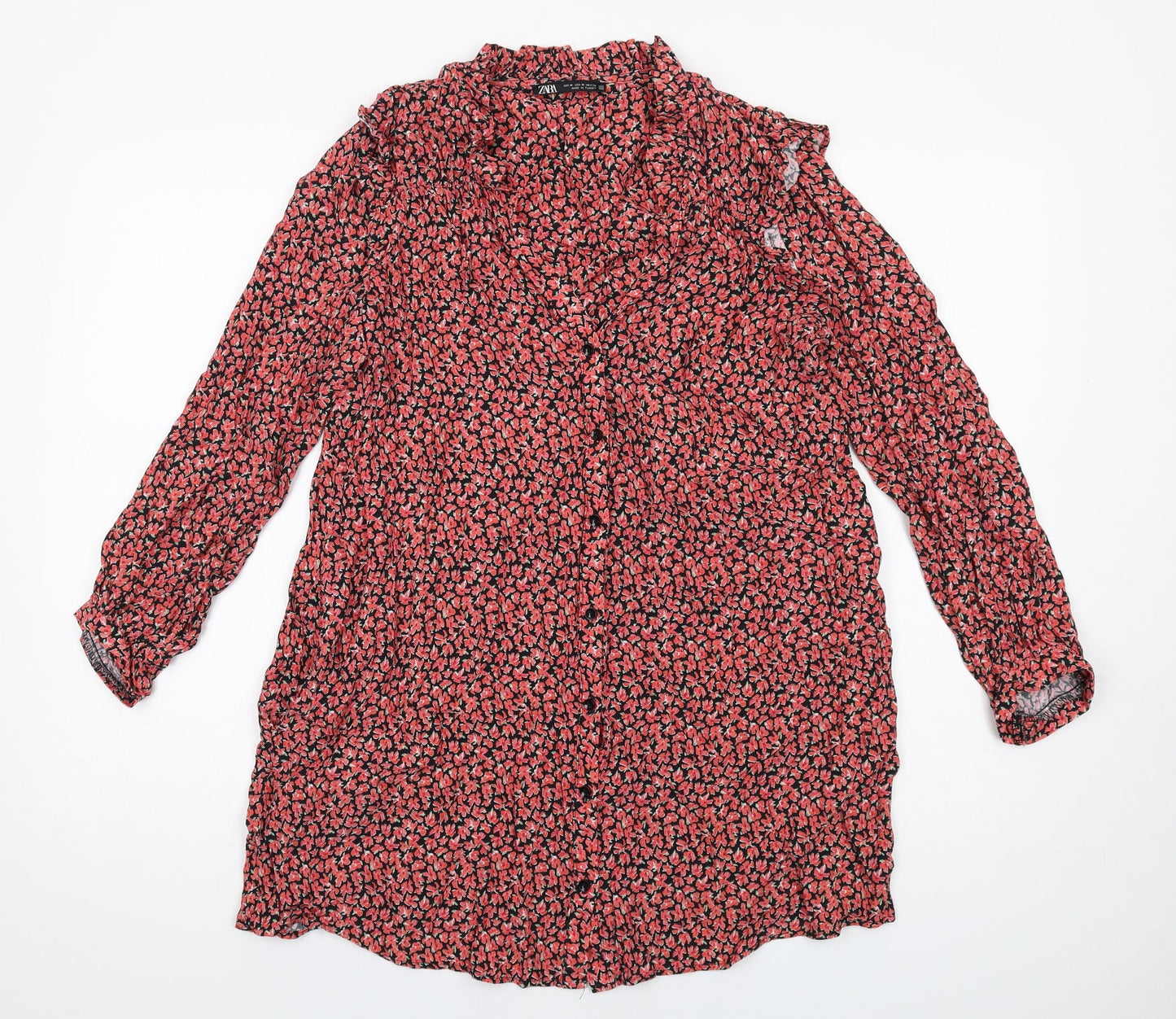 Zara Womens Red Floral Viscose A-Line Size M V-Neck Button