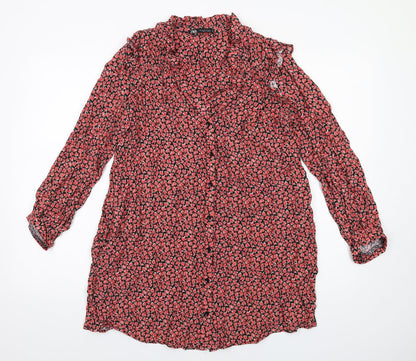 Zara Womens Red Floral Viscose A-Line Size M V-Neck Button