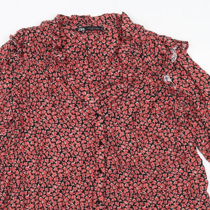 Zara Womens Red Floral Viscose A-Line Size M V-Neck Button
