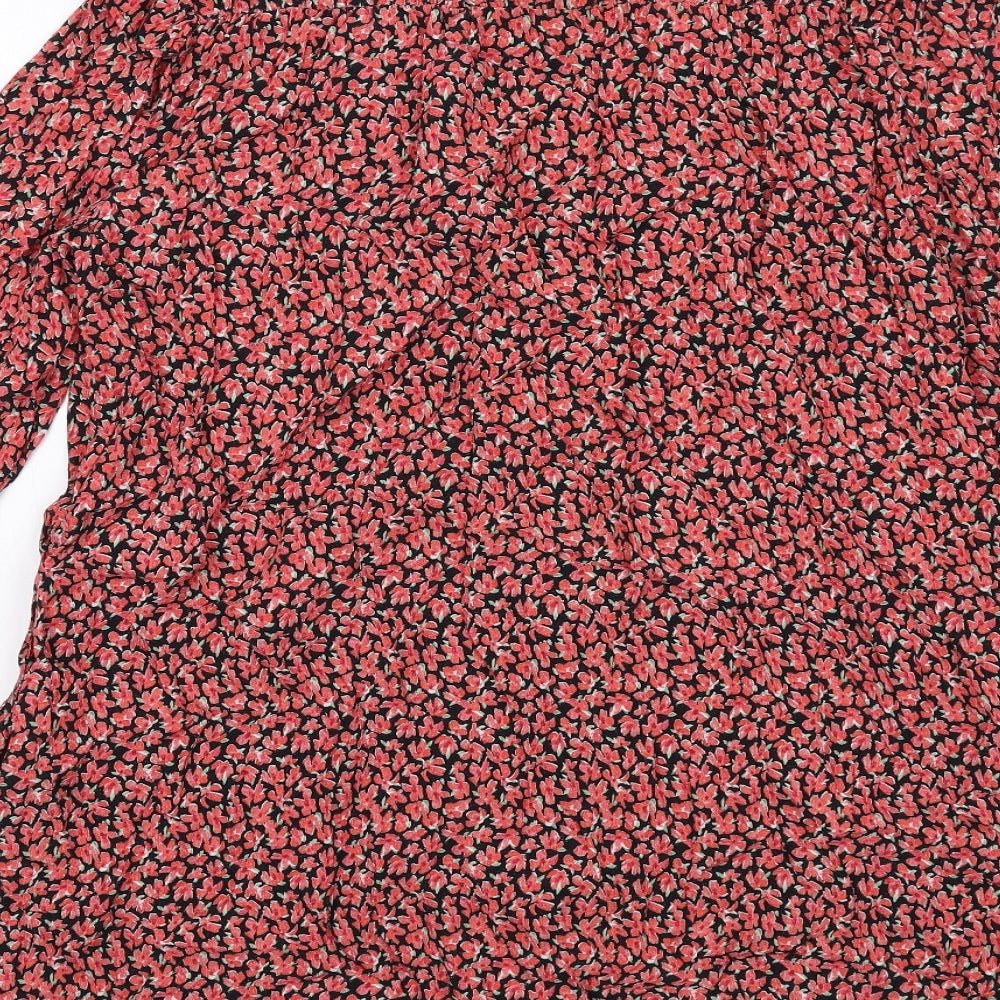 Zara Womens Red Floral Viscose A-Line Size M V-Neck Button