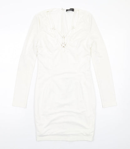 Club L Womens White Polyester Bodycon Size 10 V-Neck Zip