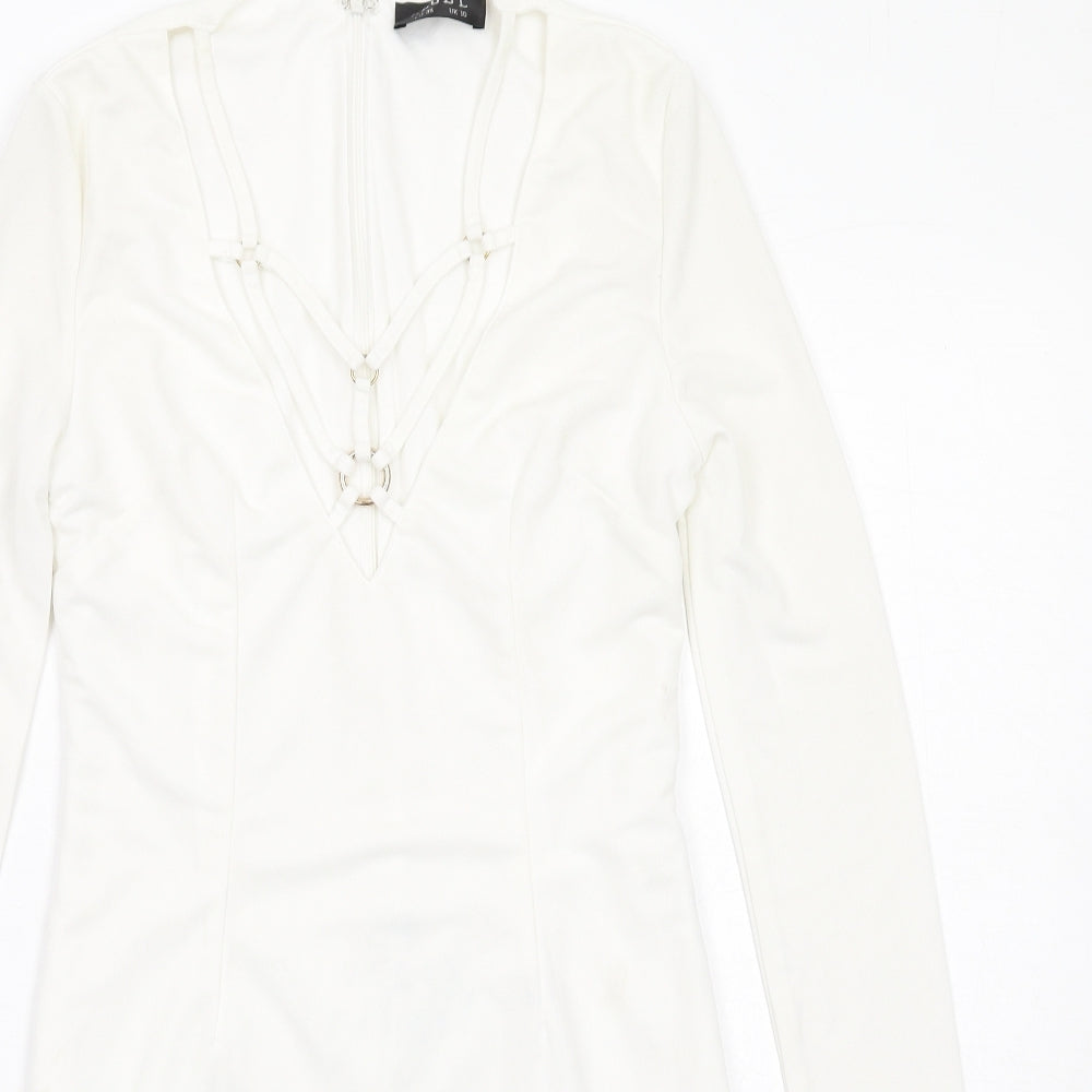Club L Womens White Polyester Bodycon Size 10 V-Neck Zip