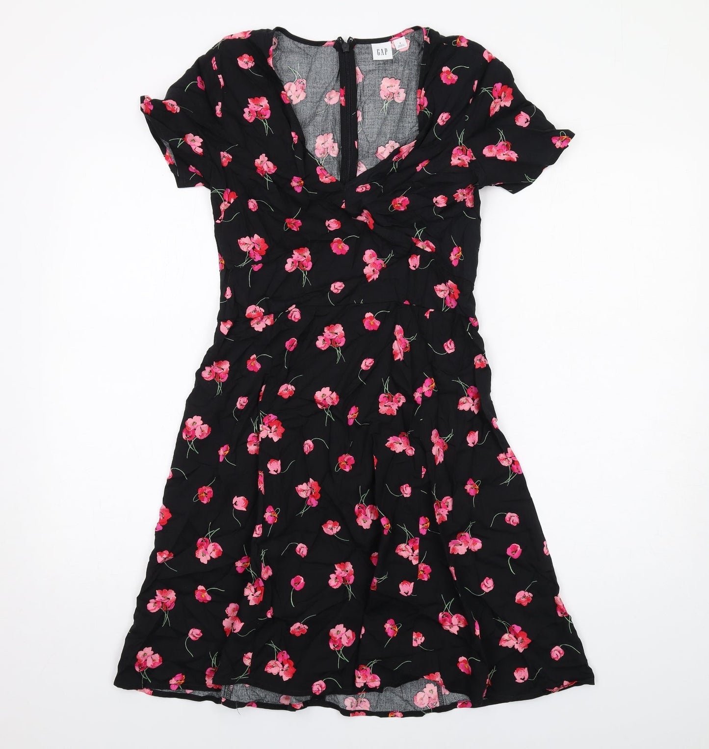 Gap Womens Black Floral Viscose A-Line Size 4 V-Neck Zip