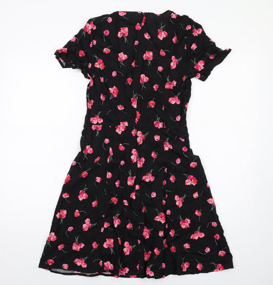 Gap Womens Black Floral Viscose A-Line Size 4 V-Neck Zip