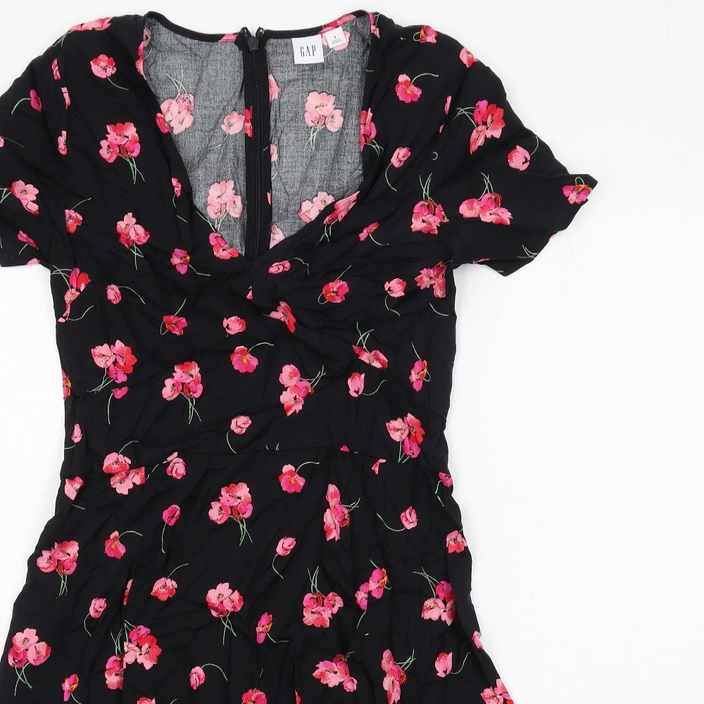 Gap Womens Black Floral Viscose A-Line Size 4 V-Neck Zip