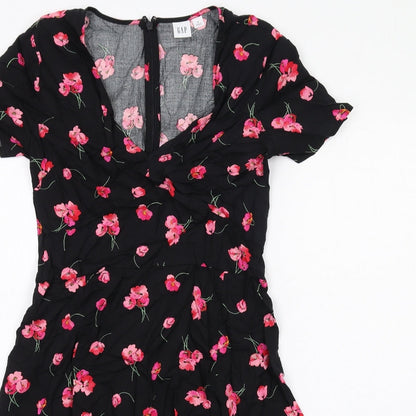 Gap Womens Black Floral Viscose A-Line Size 4 V-Neck Zip