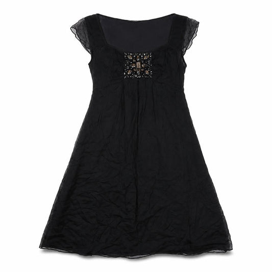 Front view of Autograph women’s black silk shift, size UK 10, round neck zip