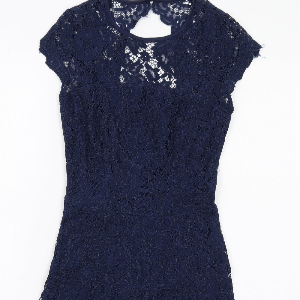 Dorothy Perkins Womens Blue Floral Viscose Shift Size 6 Round Neck Zip