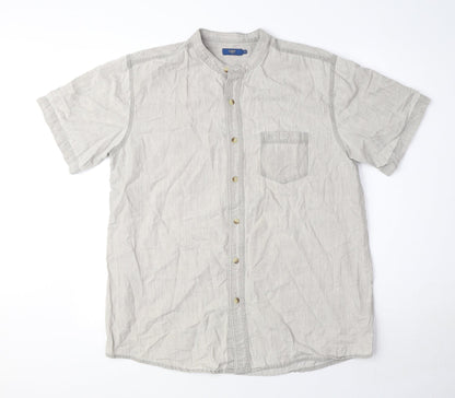 Cotton Traders Mens Grey Cotton Button-Up Size M Round Neck Button