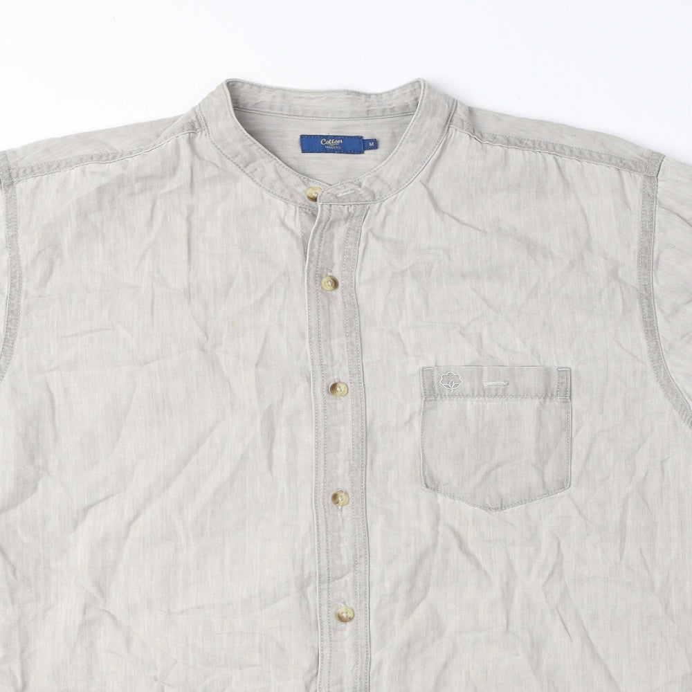 Cotton Traders Mens Grey Cotton Button-Up Size M Round Neck Button