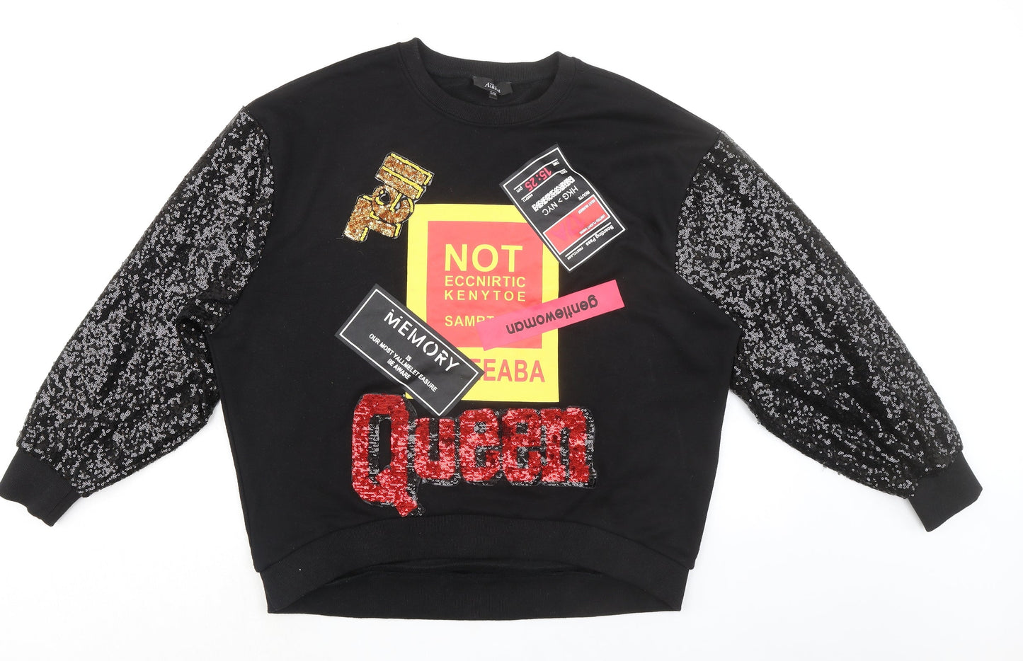 Alkha Womens Black Cotton Pullover Sweatshirt Size S Pullover - Sequin Sleeves Queen Size S-M