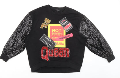 Alkha Womens Black Cotton Pullover Sweatshirt Size S Pullover - Sequin Sleeves Queen Size S-M
