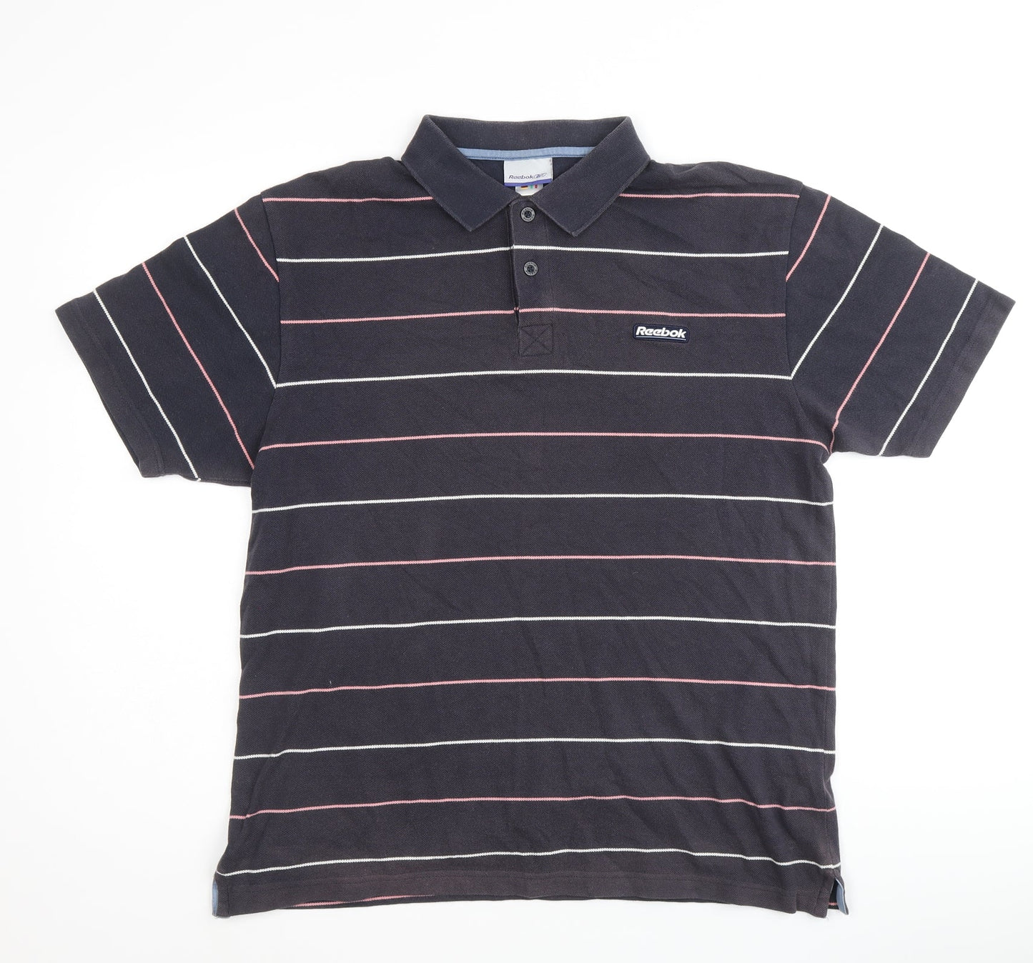 Reebok Mens Multicoloured Striped Cotton Polo Size M Collared Button