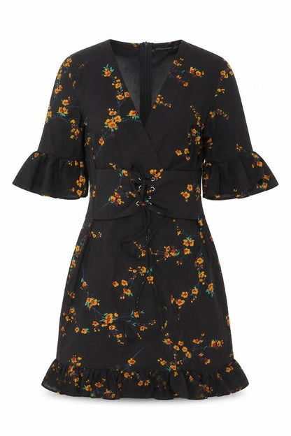 PRETTYLITTLETHING Womens Black Floral Polyester Mini Size 4 V-Neck Zip