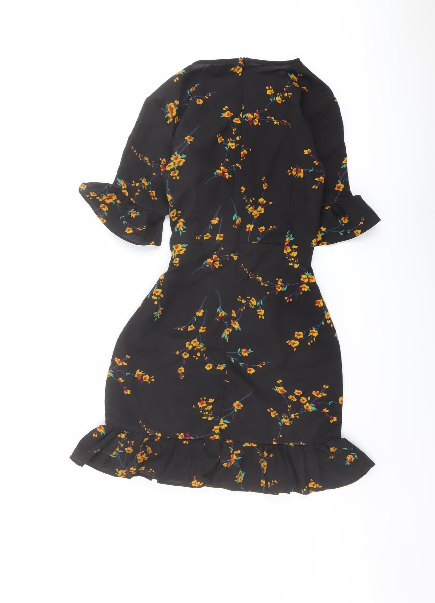 PRETTYLITTLETHING Womens Black Floral Polyester Mini Size 4 V-Neck Zip