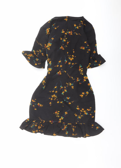 PRETTYLITTLETHING Womens Black Floral Polyester Mini Size 4 V-Neck Zip