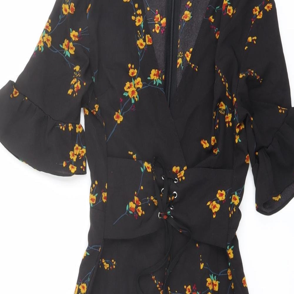 PRETTYLITTLETHING Womens Black Floral Polyester Mini Size 4 V-Neck Zip