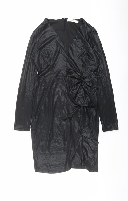 Allyson Womens Black Polyester A-Line Size M V-Neck Zip