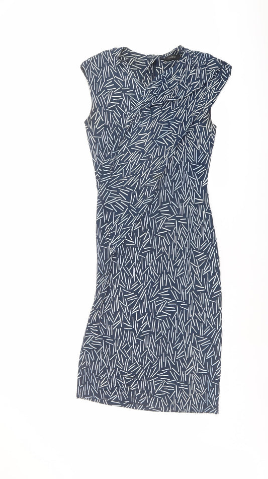 Autograph Womens Blue Geometric Viscose Shift Size 8 V-Neck Zip