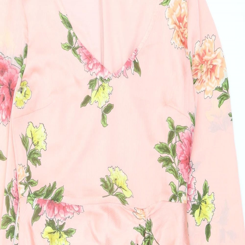 Miss Selfridge Womens Pink Floral Polyester Mini Size 8 V-Neck Zip