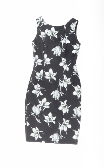 Marks and Spencer Womens Black Floral Polyester Shift Size 8 Round Neck Zip
