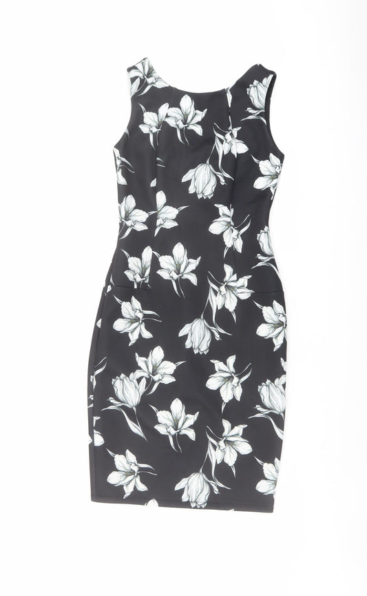 Marks and Spencer Womens Black Floral Polyester Shift Size 8 Round Neck Zip